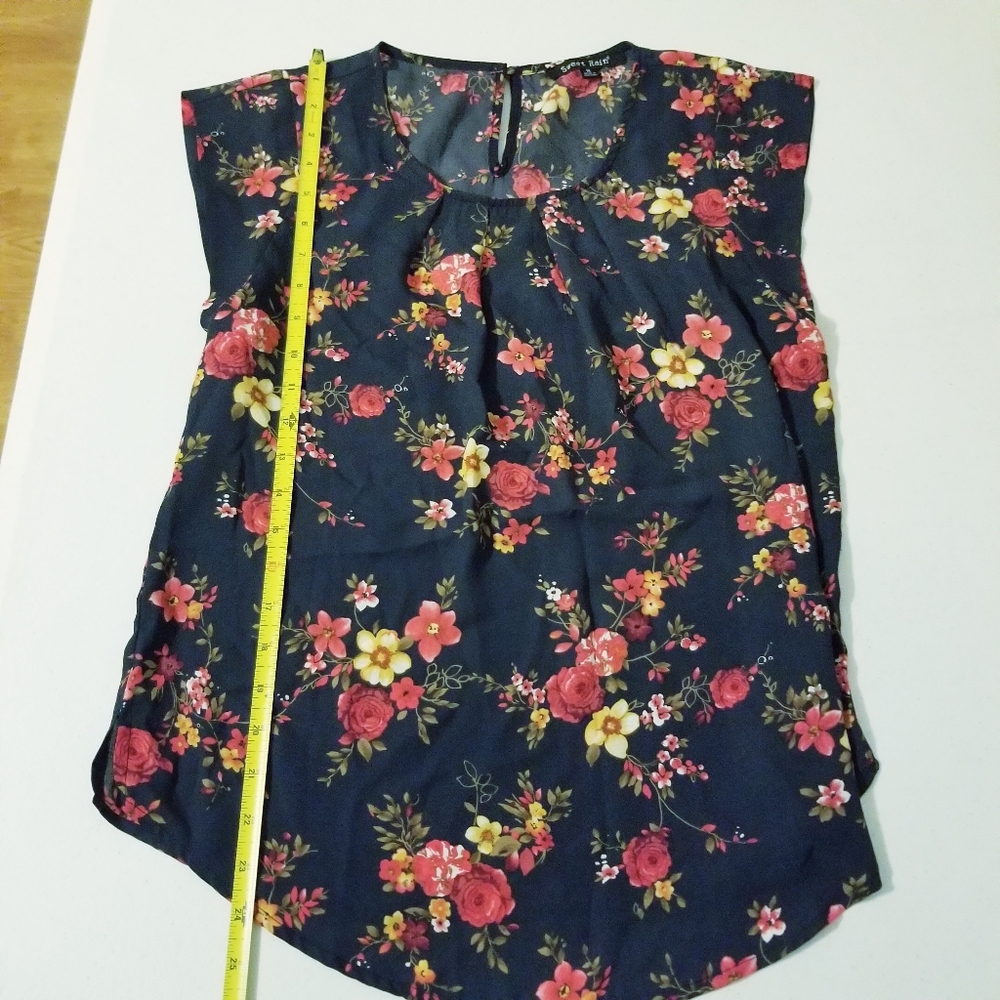 SWEET RAIN Navy Blue Floral Sleeveless Pleated Sheer Blouse Medium Boho Romantic - Picture 5 of 8